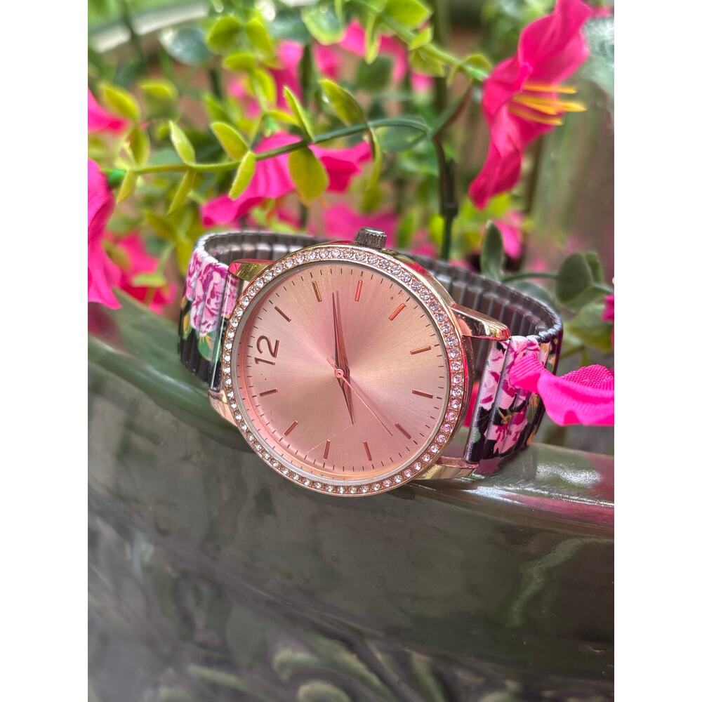 Geneva Rose Gold Floral Stretch Band Watch Pink Rose Bracelet working